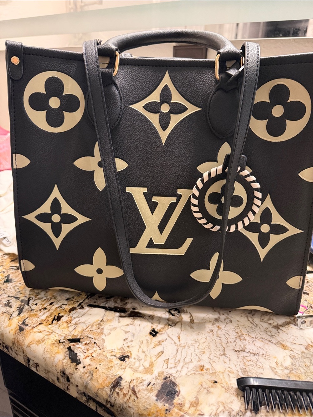Black and Cream Designer Monogram Tote Bag